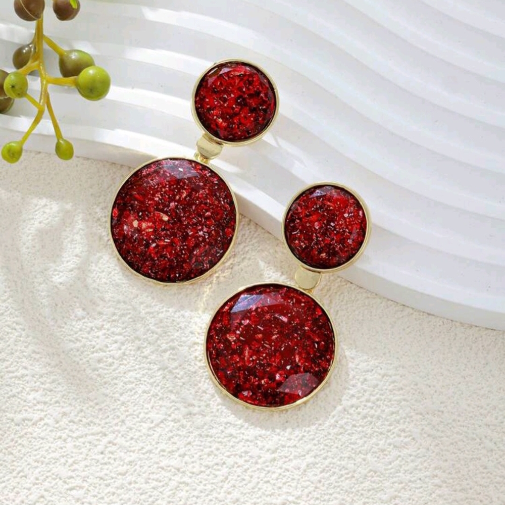 Elegant Red and Gold Large Circle Dangle Drop Earrings New!